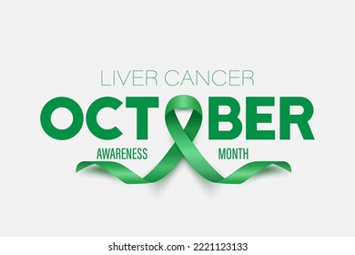 October. Liver Cancer Banner, Card, Placard with Vector 3d Realistic Emerald Green Ribbon on White Background. Liver Cancer Awareness Month Symbol Closeup. World Liver Cancer Day Concept