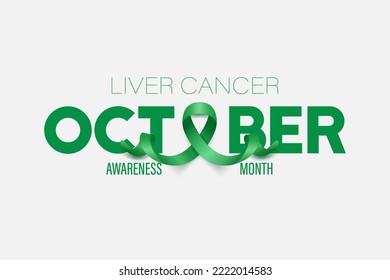 October. Liver Cancer Banner, Card, Placard with Vector 3d Realistic Emerald Green Ribbon on White Background. Liver Cancer Awareness Month Symbol Closeup. World Liver Cancer Day Concept