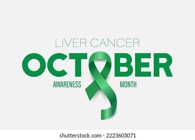 October. Liver Cancer Banner, Card, Placard with Vector 3d Realistic Emerald Green Ribbon on White Background. Liver Cancer Awareness Month Symbol Closeup. World Liver Cancer Day Concept