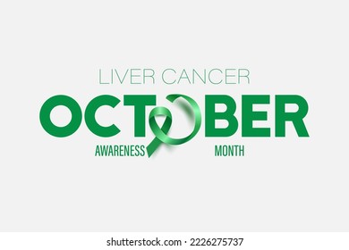 Octubre. Pancarta de cáncer de hígado, tarjeta, placa con vector 3d Cinta verde esmeralda realista sobre fondo blanco. Cierre del Símbolo Mes de Concienciación sobre el Cáncer Hepático. Concepto del Día Mundial del Cáncer Hepático