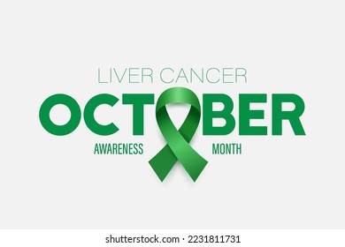 October. Liver Cancer Banner, Card, Placard with Vector 3d Realistic Emerald Green Ribbon on White Background. Liver Cancer Awareness Month Symbol Closeup. World Liver Cancer Day Concept