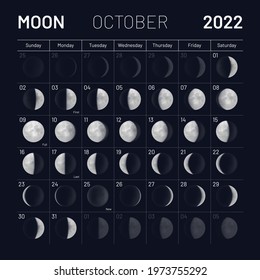 October lunar calendar 2022 y night sky backdrop. Month cycle planner, astrology schedule template, moon phases banner, poster, card design vector illustration