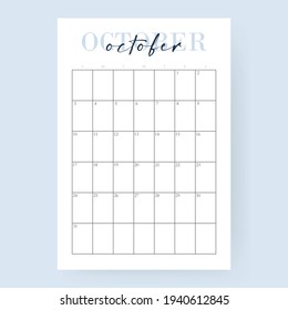 October month 2021 calendar. Layout for 2021 years. Week starts from Sunday. Wall calendar template for 2021 year. Planner diary in a minimalist style. Vector EPS 10. Isolated on background.