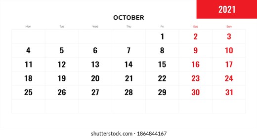 October month for 2021 year planning calendar. Vector illustration.