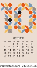October month 2024 calendar template. Geometric planner design, desk calendar, wall calendar, minimal style. Simple vector illustration