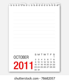 October month calendar 2011 on note paper