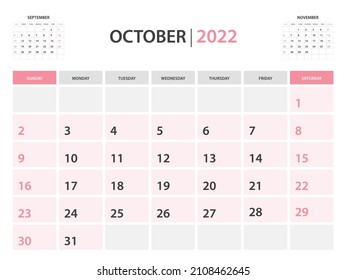 october month, Calendar 2022 template vector on pink background, Desk calendar 2022 layout, Wall calendar design, week start on Sunday, planner