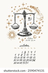 October month calendar with hand drawn libra zodiac signs illustration, planets, sun, moon, stars. Horoscope background, astrology planner in black and gold colors.