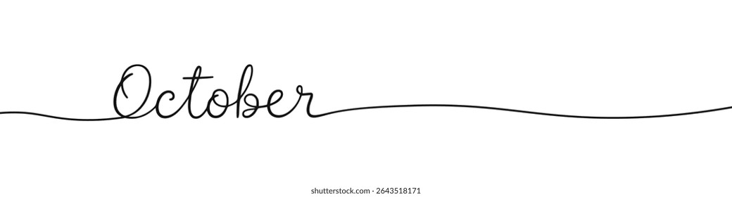October month continuous one line drawing with word. Minimalistic drawing of phrase illustration.