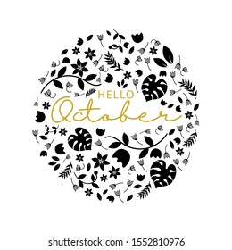 October month name. Lettering with branches and young leaves. Vector illustration.