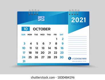 October month template, Desk Calendar 2021 Creative design can be place photo and logo, Week starts on Sunday, vector for calendar 2021 template, Blue gradient background