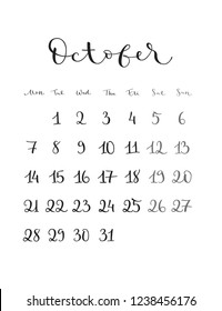 October. Monthly calendar for 2019 year. Handwritten modern calligraphy. Elegant, cute and stylish. Week starts on Monday. Perfect for planners, calendars, organizers.
