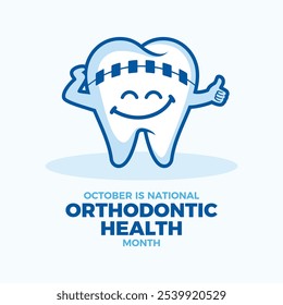 Outubro é a ilustração vetorial do pôster do Mês Ortodôntico Nacional. Dente feliz com aparelho ícone vetor. Dente bonito saudável com aparelho personagem de desenho animado. Modelo para plano de fundo, banner, cartão