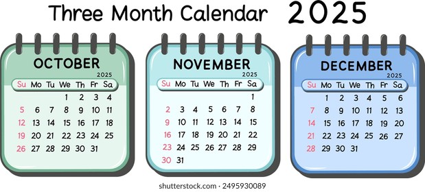 Octubre, noviembre y diciembre. Calendarios del cuarto trimestre de 2025. Ilustración vectorial de Calendario de tres meses con color pastel y diseño simple.