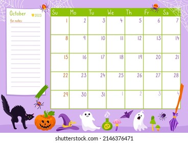 October page calendar template organizer 2023 year, Halloween ghost, cat pumpkin, spider. Event planner diary anniversary memory scrapbook. Paper sticky trendy calendar for notes. Notepad ready print