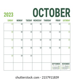 Octubre. Planner 2023 año. Plantilla de calendario cuadrado vectorial en inglés. Diseño minimalista. La semana empieza el domingo