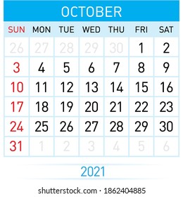 October Planner Calendar 2021. Illustration of Calendar in Simple and Clean Table Style for Template Design on White Background. Week Starts on Sunday