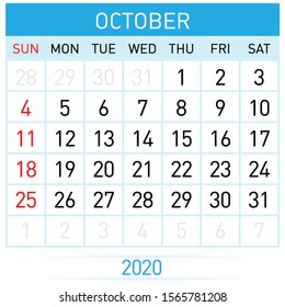 October Planner Calendar. Illustration of Calendar in Simple and Clean Table Style for Template Design on White Background. Week Starts on Sunday