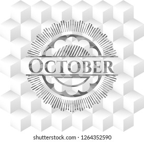 October retro style grey emblem with geometric cube white background