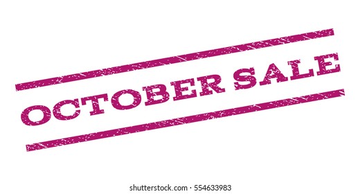 October Sale watermark stamp. Text tag between parallel lines with grunge design style. Rubber seal stamp with dust texture. Vector purple color ink imprint on a white background.