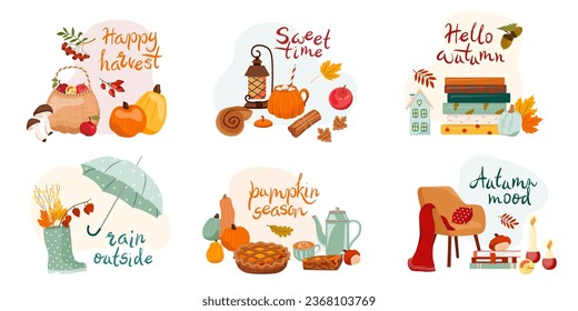 October season set of composition with lettering: hello autumn, sweet time, happy harvest Collection of Thanksgiving elements for scrapbooks, cards, poster Bright vector illustration isolated on white