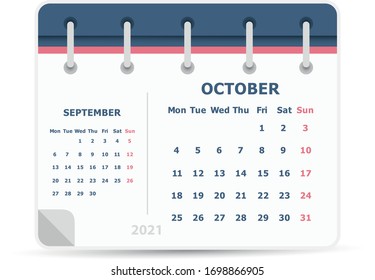 October and September 2021 - Calendar Icon - Double Calendar - Week starts monday. Calendar design template. 