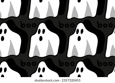  October, spooky, creepy, scary Halloween ghost. Cartoon illustration. Trendy, stylish, fashionable, seamless vector pattern for design and decoration.

