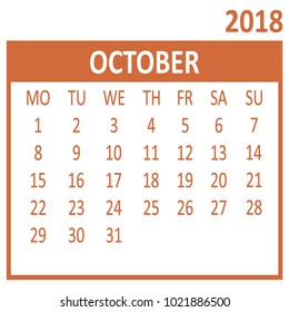 October. Tenth page of set. Calendar 2018, template. Week starts from Monday. Vector illustration