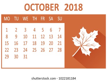 October. Tenth page of set. Calendar 2018, template. Week starts from Monday. Vector illustration