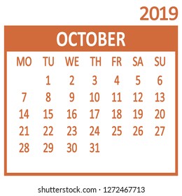 October. Tenth page of set. Calendar 2019, template. Week starts from Monday. Vector illustration