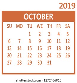 October. Tenth page of set. Calendar 2019, template. Week starts from Sunday. Vector illustration