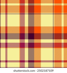 October textile tartan pattern, halloween fabric texture plaid. Customize check background vector seamless in yellow and bright colors palette.