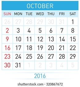 October Twenty-Sixteen. Calendar Month. Illustration on white background