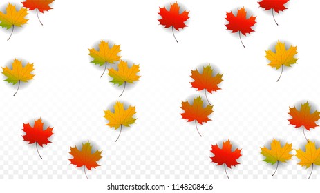 October Vector Background with Golden Falling Leaves. Autumn Illustration with Maple Red, Orange, Yellow Foliage. Isolated Leaf on Transparent Background. Bright Swirl. Suitable for Banners.
