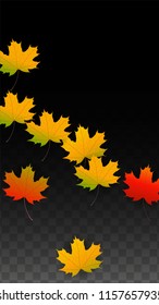 October Vector Background with Golden Falling Leaves. Autumn Illustration with Maple Red, Orange, Yellow Foliage. Isolated Leaf on Transparent Background. Bright Swirl. Suitable for Banners.