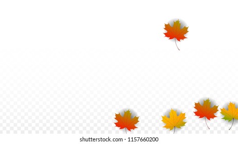 October Vector Background with Golden Falling Leaves. Autumn Illustration with Maple Red, Orange, Yellow Foliage. Isolated Leaf on Transparent Background. Bright Swirl. Suitable for Flyers.