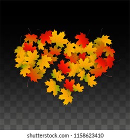 October Vector Background with Golden Falling Leaves. Autumn Illustration with Maple Red, Orange, Yellow Foliage. Isolated Leaf on Transparent Background. Bright Swirl. Suitable for Banners.