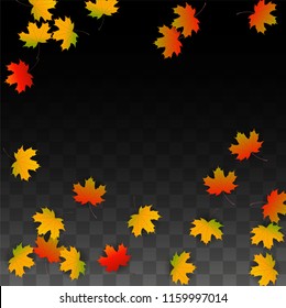 October Vector Background with Golden Falling Leaves. Autumn Illustration with Maple Red, Orange, Yellow Foliage. Isolated Leaf on Transparent Background. Bright Swirl. Suitable for Covers.