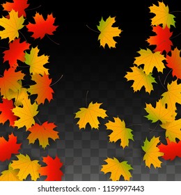 October Vector Background with Golden Falling Leaves. Autumn Illustration with Maple Red, Orange, Yellow Foliage. Isolated Leaf on Transparent Background. Bright Swirl. Suitable for Cards.