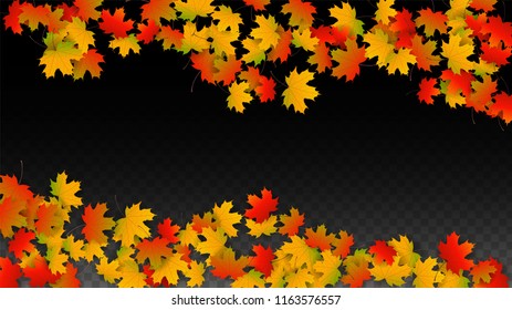 October Vector Background with Golden Falling Leaves. Autumn Illustration with Maple Red, Orange, Yellow Foliage. Isolated Leaf on Transparent Background. Bright Swirl. Suitable for Banners.