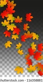 October Vector Background with Golden Falling Leaves. Autumn Illustration with Maple Red, Orange, Yellow Foliage. Isolated Leaf on Transparent Background. Bright Swirl. Suitable for Posters.