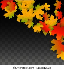 October Vector Background with Golden Falling Leaves. Autumn Illustration with Maple Red, Orange, Yellow Foliage. Isolated Leaf on Transparent Background. Bright Swirl. Suitable for Banners.