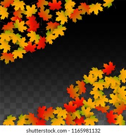 October Vector Background with Golden Falling Leaves. Autumn Illustration with Maple Red, Orange, Yellow Foliage. Isolated Leaf on Transparent Background. Bright Swirl. Suitable for Covers.