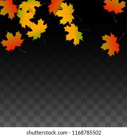 October Vector Background with Golden Falling Leaves. Autumn Illustration with Maple Red, Orange, Yellow Foliage. Isolated Leaf on Transparent Background. Bright Swirl. Suitable for Posters.