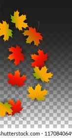 October Vector Background with Golden Falling Leaves. Autumn Illustration with Maple Red, Orange, Yellow Foliage. Isolated Leaf on Transparent Background. Bright Swirl. Suitable for Covers.
