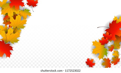 October Vector Background with Golden Falling Leaves. Autumn Illustration with Maple Red, Orange, Yellow Foliage. Isolated Leaf on Transparent Background. Bright Swirl. Suitable for Posters.