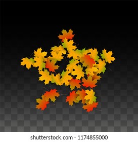 October Vector Background with Golden Falling Leaves. Autumn Illustration with Maple Red, Orange, Yellow Foliage. Isolated Leaf on Transparent Background. Bright Swirl. Suitable for Flyers.
