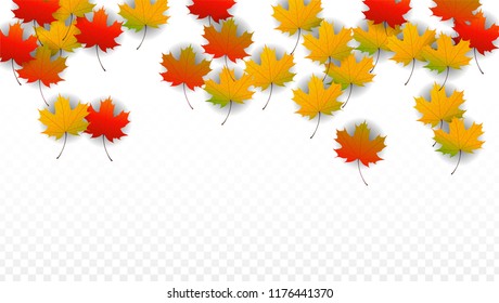 October Vector Background with Golden Falling Leaves. Autumn Illustration with Maple Red, Orange, Yellow Foliage. Isolated Leaf on Transparent Background. Bright Swirl. Suitable for Cards.