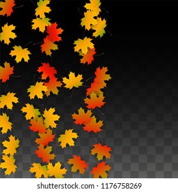 October Vector Background with Golden Falling Leaves. Autumn Illustration with Maple Red, Orange, Yellow Foliage. Isolated Leaf on Transparent Background. Bright Swirl. Suitable for Covers.