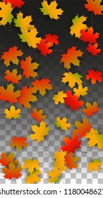 October Vector Background with Golden Falling Leaves. Autumn Illustration with Maple Red, Orange, Yellow Foliage. Isolated Leaf on Transparent Background. Bright Swirl. Suitable for Flyers.